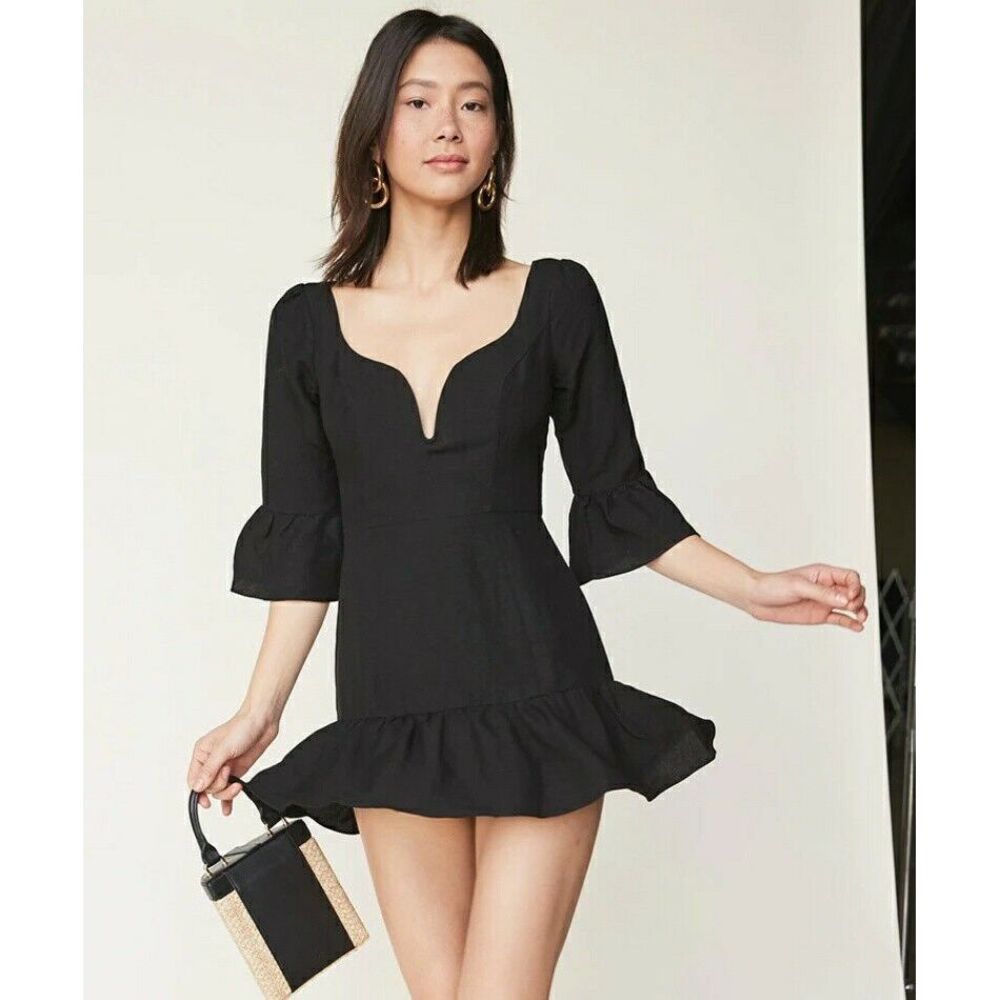 LPA Dress 495 M Mini Linen blend Flare Sleeves Flounce Hem black